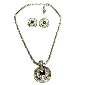 Fashion Jewelry Set Silver & Gold Necklace Pendant Pierced Earrings Purple Stone